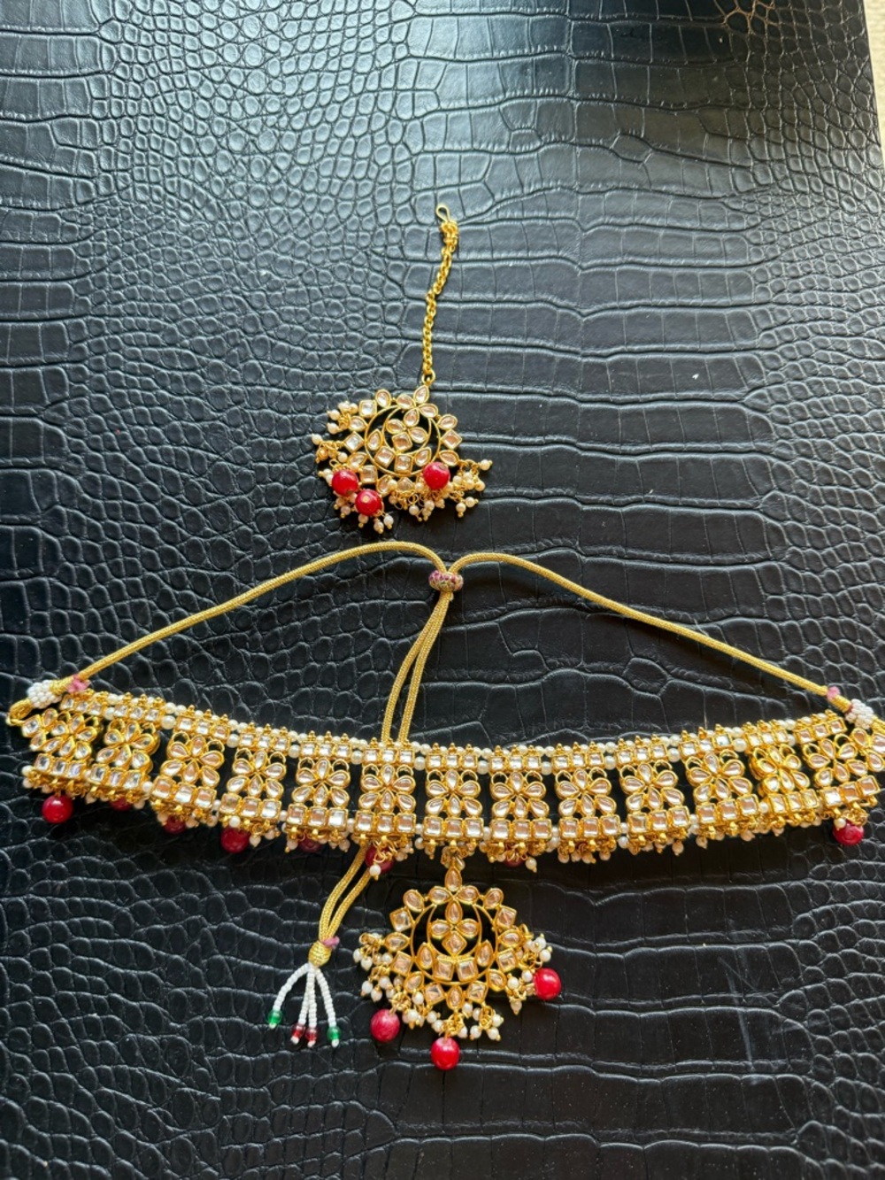 Gold-tone Kundan Choker Necklace with Red Accents - Women Jewelry